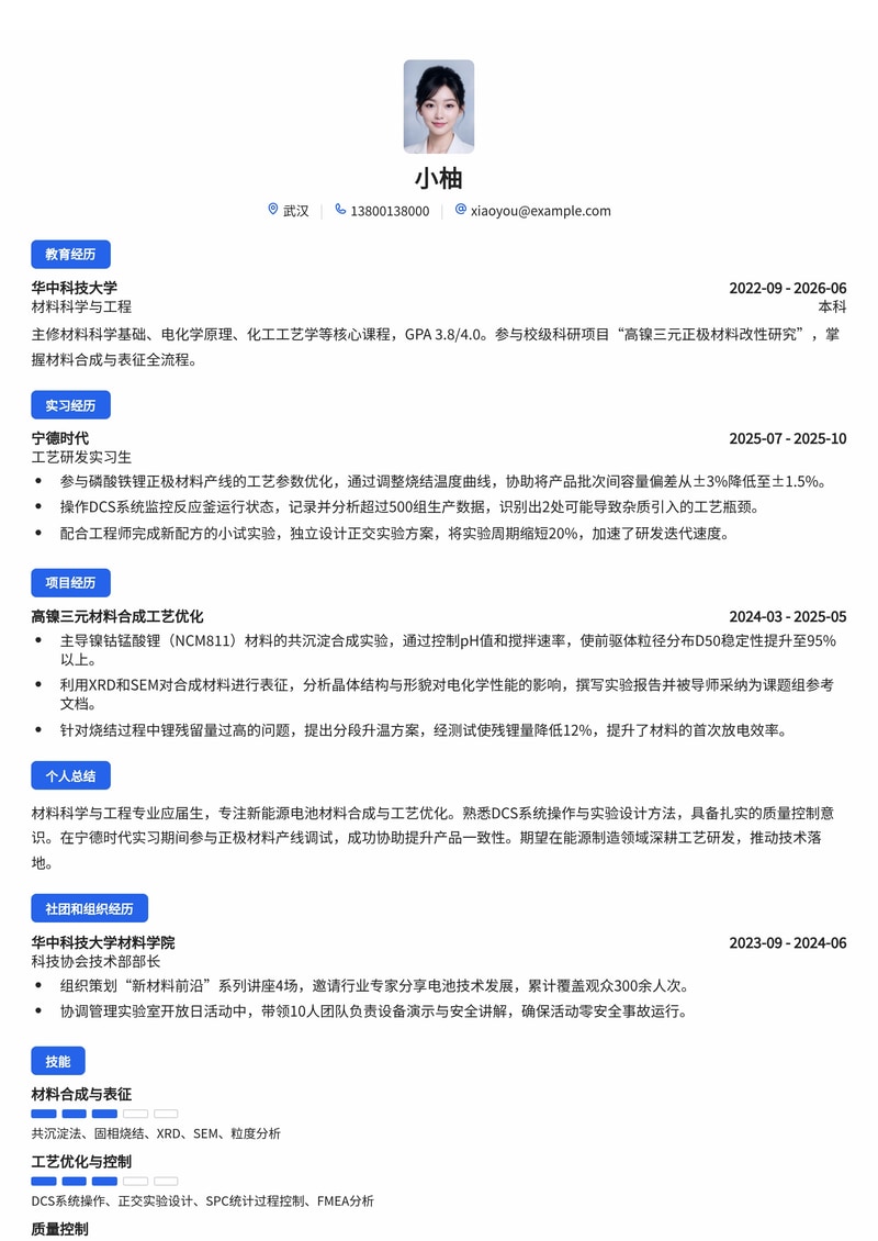工艺研发工程师简历模板（能源/电力/制造业校招）简历模板预览