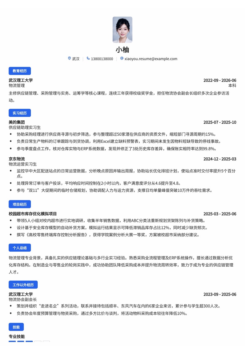 供应链/采购管理校招简历模板（物流/制造/零售）简历模板预览