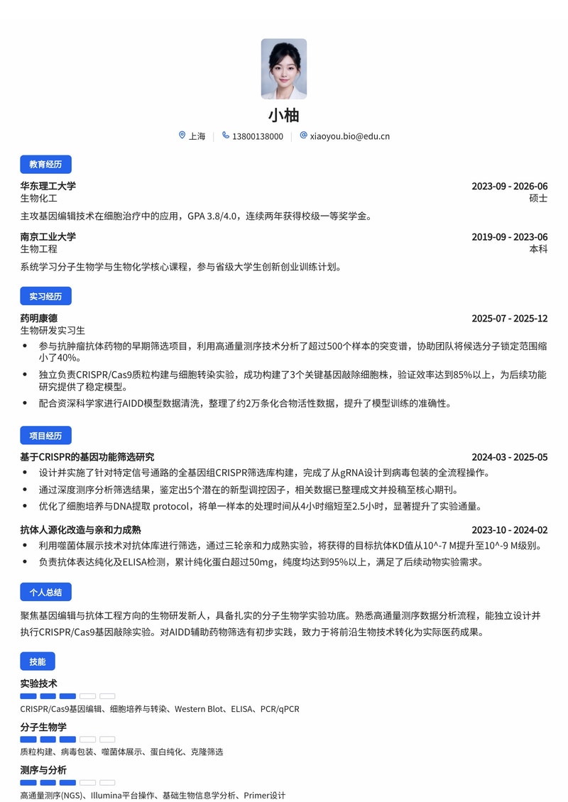生物研发科学家简历模板（医药/生物校招）简历模板预览