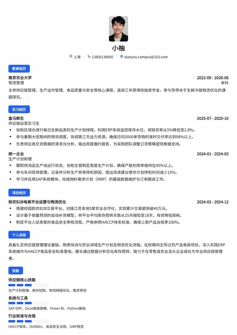 供应链管理培训生简历模板（快消/零售/农业校招）简历模板预览