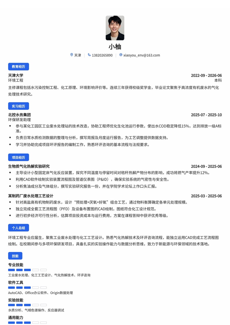环保化工研发工程师校招简历模板（能源电力环保）简历模板预览