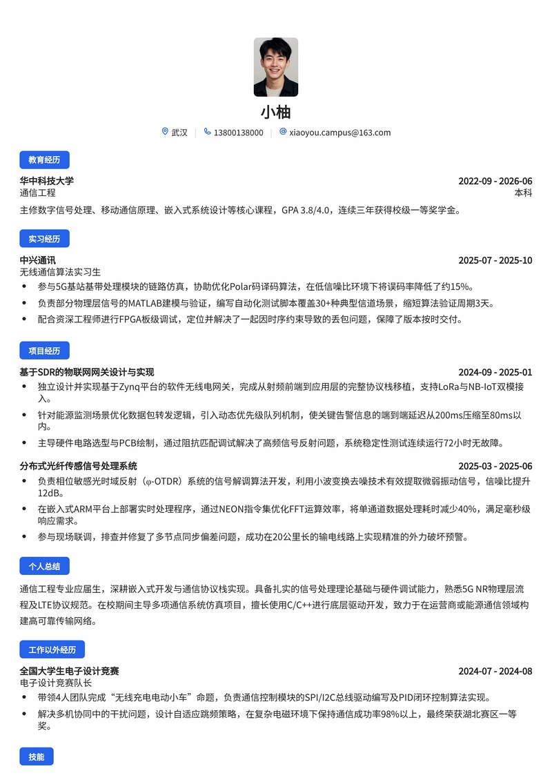 通信研发工程师简历模板（通信/运营商/能源校招）简历模板预览