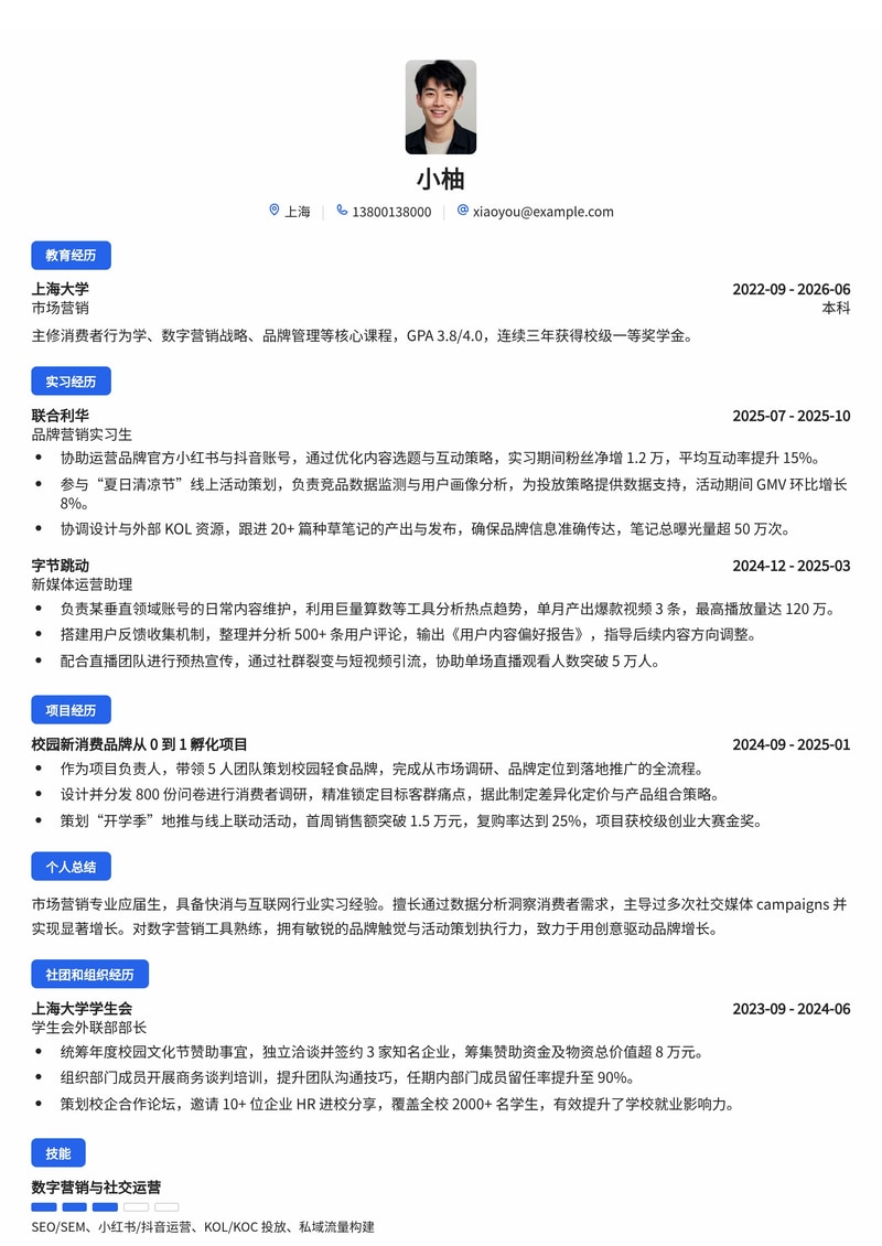 品牌营销专员简历模板（快消/互联网校招）简历模板预览