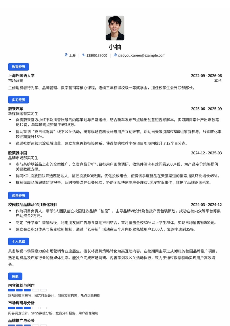 新媒体运营/市场营销校招简历模板（消费品/汽车/银行）简历模板预览