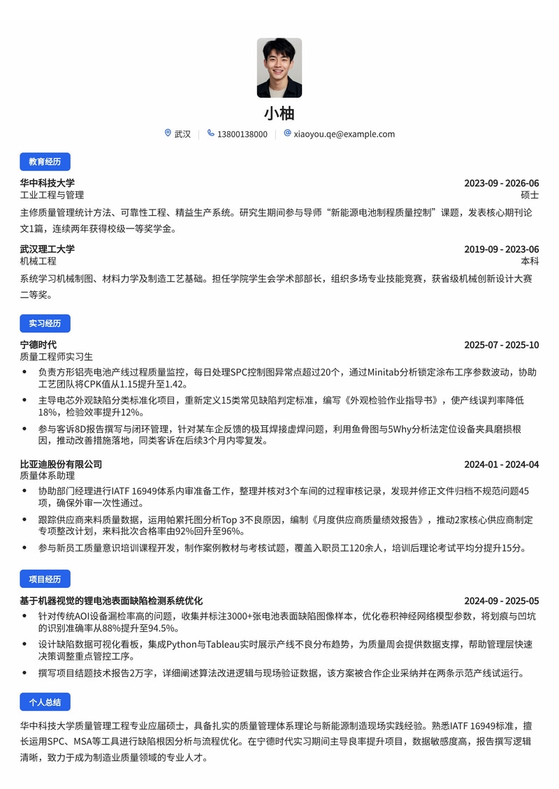 质量工程师简历模板（制造业/新能源校招）简历模板预览