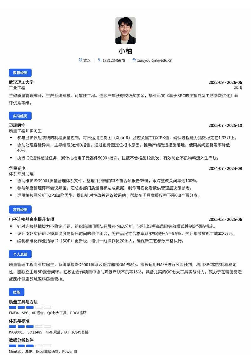 质量管理工程师简历模板（制造业/医疗健康/电子校招）简历模板预览