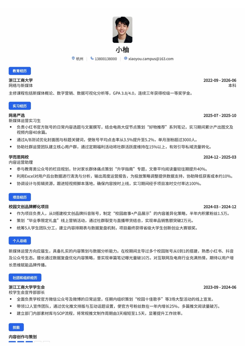 新媒体运营简历模板（互联网/电商/教育校招）简历模板预览