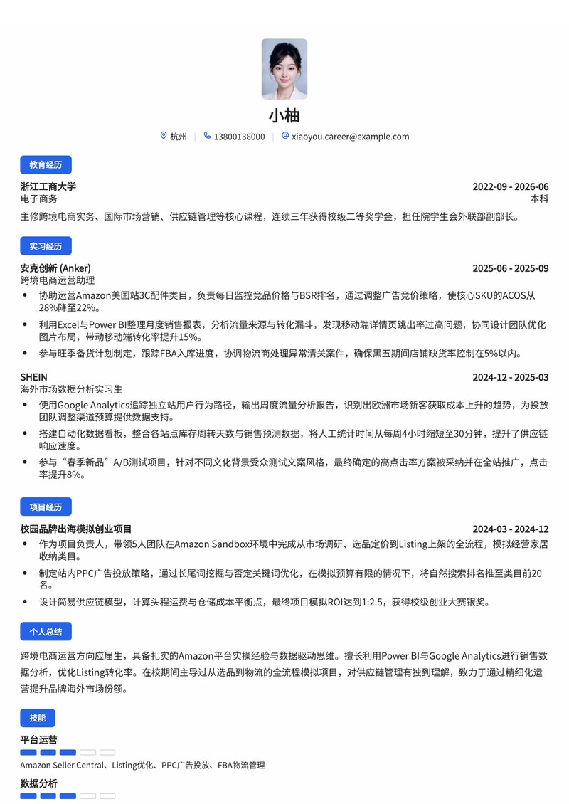 跨境电商运营简历模板（互联网/电商校招）简历模板预览
