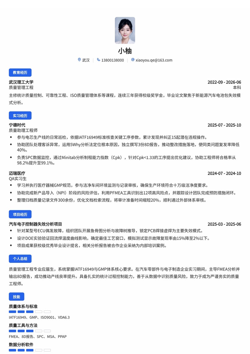 质量管理工程师简历模板（汽车/医药/电子校招）简历模板预览