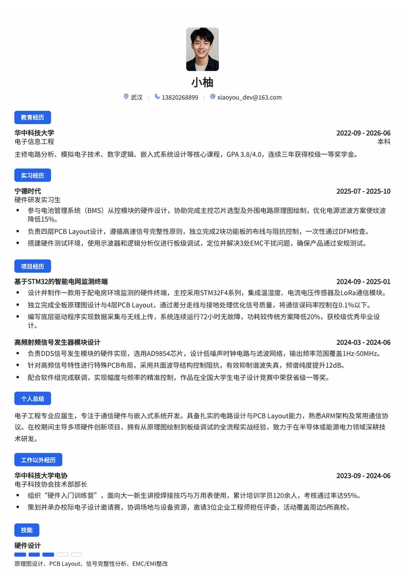 通信研发工程师简历模板（电子/半导体/能源电力校招）简历模板预览