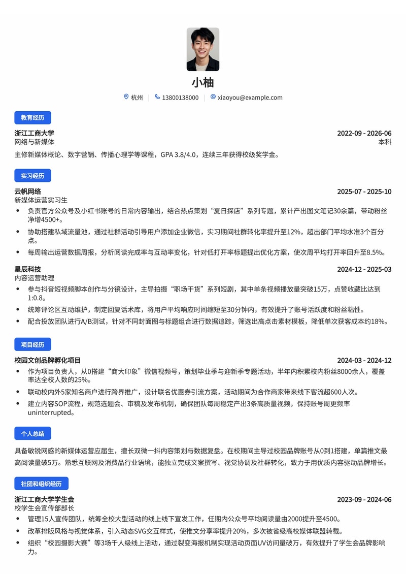新媒体运营简历模板（互联网/消费品/物业管理校招）简历模板预览