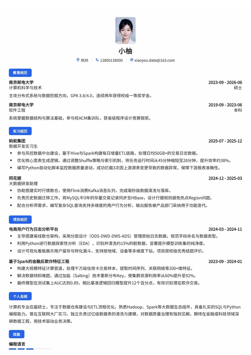 数据工程师简历模板（互联网/IT/金融校招）简历模板预览