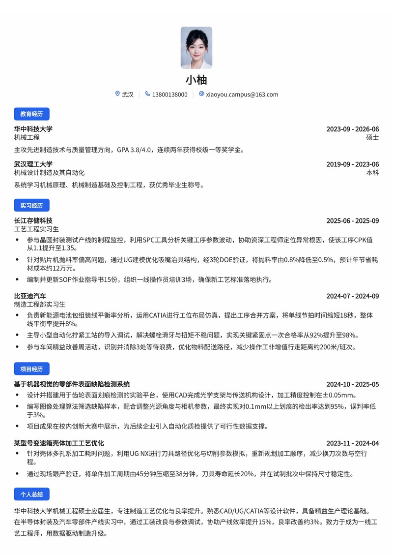 工艺工程师简历模板（制造业/汽车/半导体校招）简历模板预览