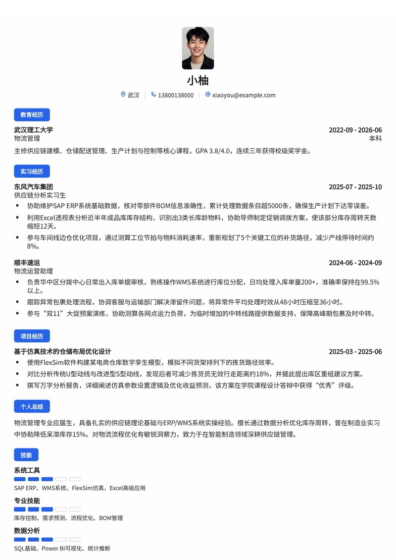 供应链/物流管培生简历模板(物流/制造业校招)简历模板预览