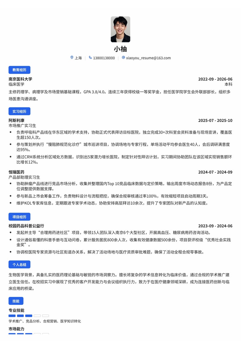 医药代表/市场推广简历模板（医药/生物/医疗健康校招）简历模板预览