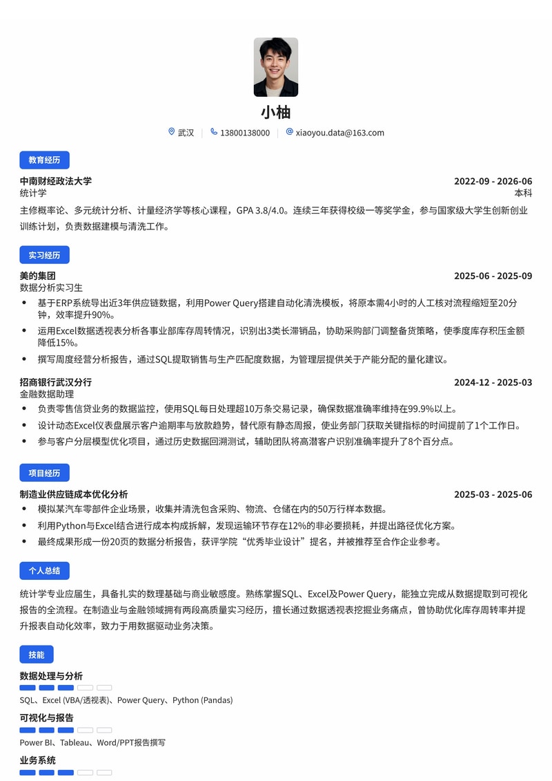 数据分析师简历模板（制造业/金融/专业服务校招）简历模板预览