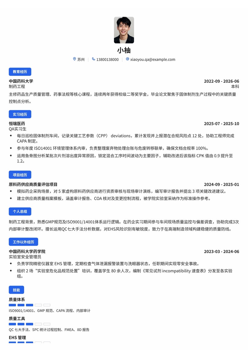 质量管理工程师(EHS/体系)简历模板 - 医药高端制造校招专用