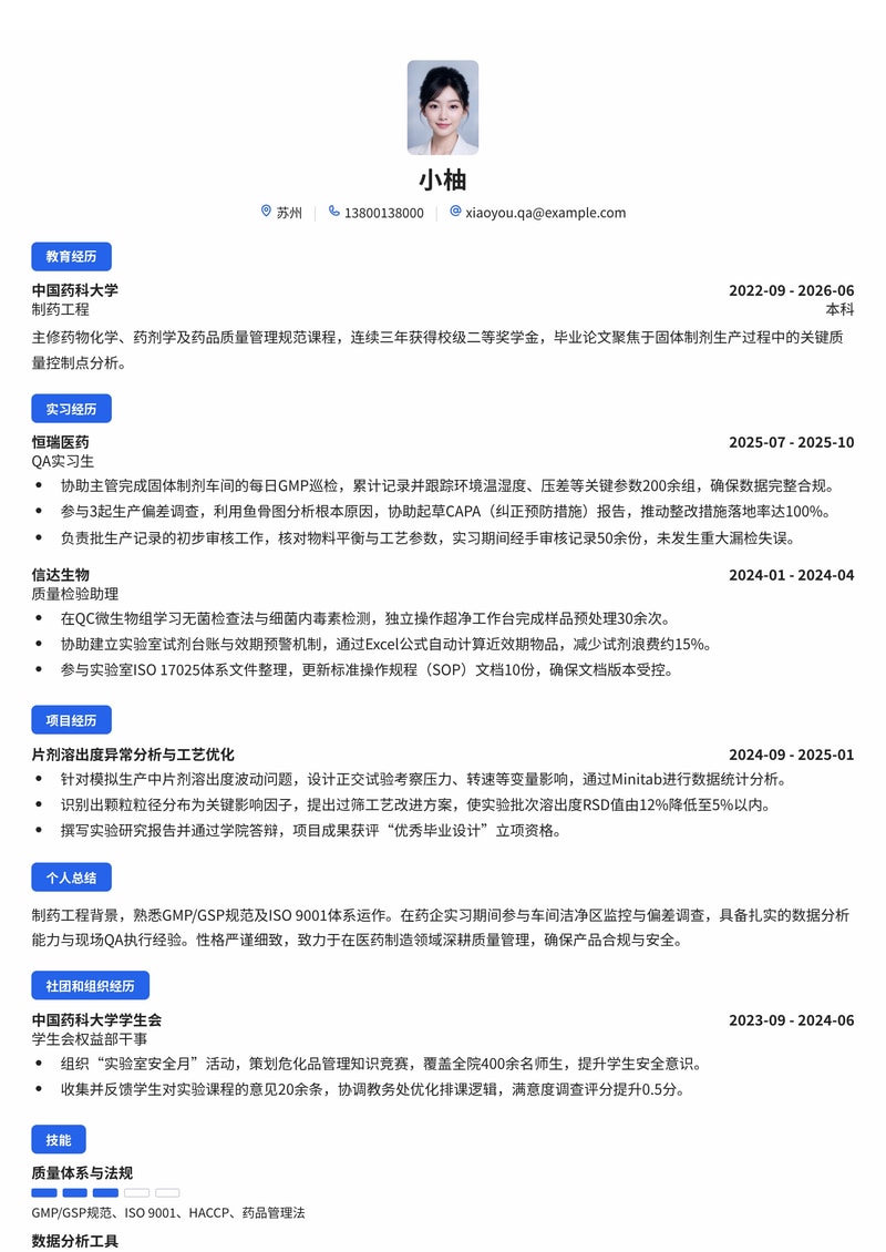 质量管理工程师简历模板（制造业/医药/电子校招）简历模板预览