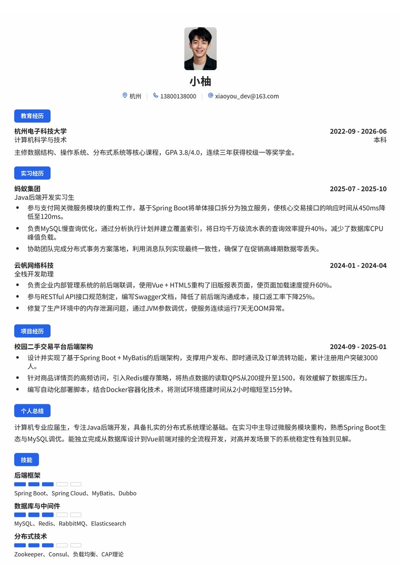 Java后端开发工程师简历模板（互联网/IT/金融科技校招）简历模板预览