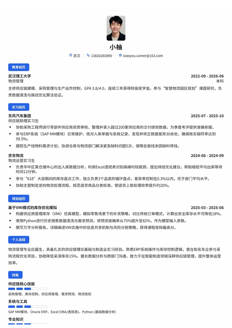 供应链管培生简历模板(制造业/物流/零售校招)简历模板预览