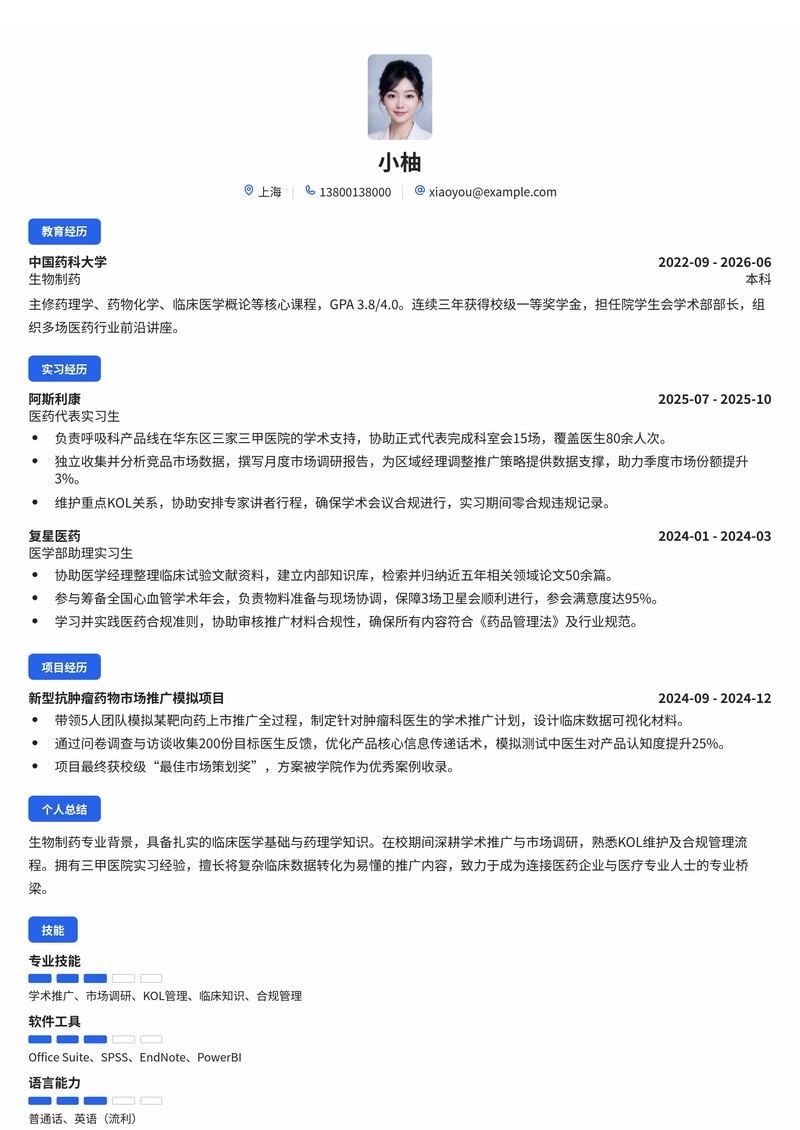 医药代表/地区产品经理校招简历模板(医疗健康/生物制药)简历模板预览