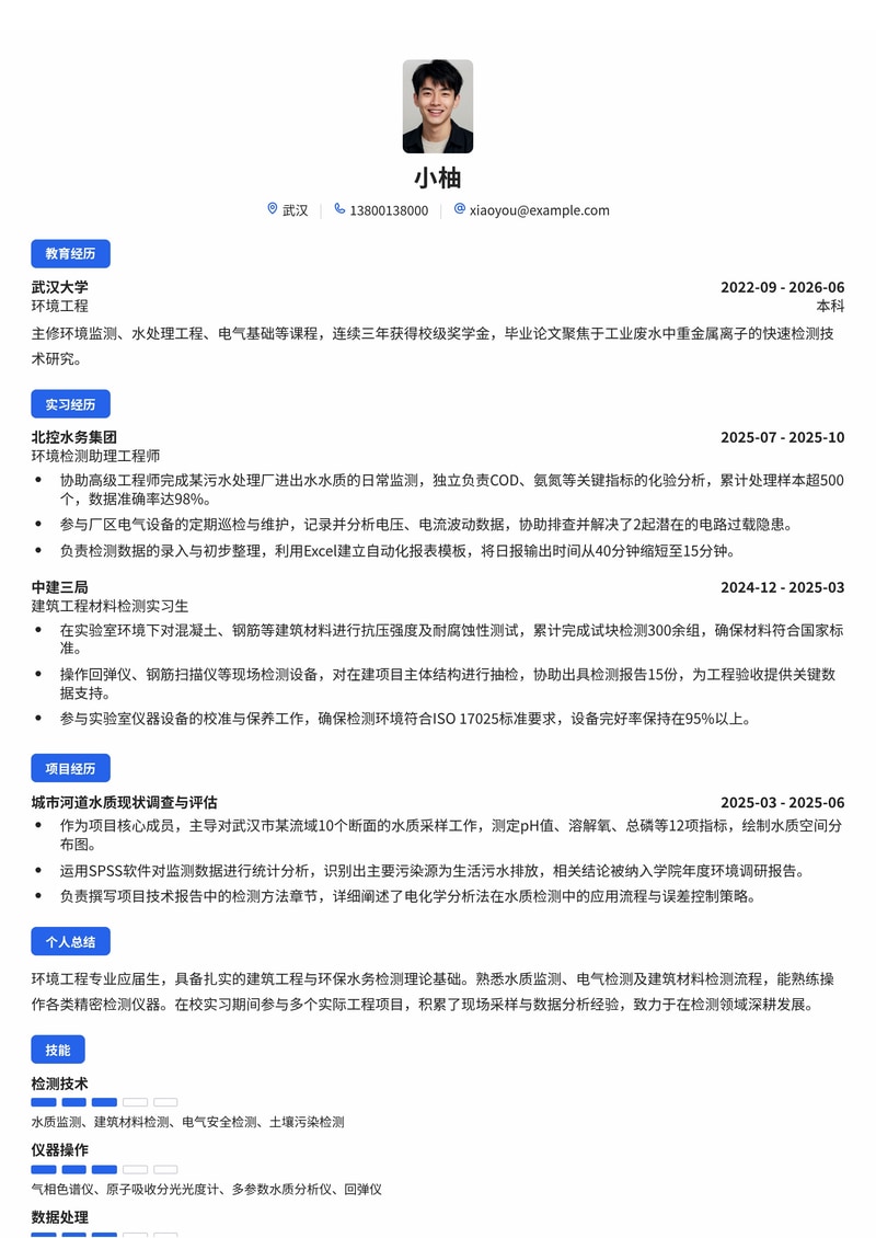 环境/电气检测工程师简历模板（建筑工程/环保水务校招）简历模板预览