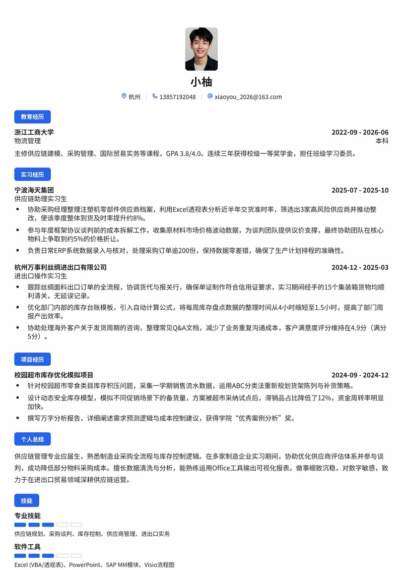 供应链采购管理校招简历模板(制造业/进出口贸易)简历模板预览