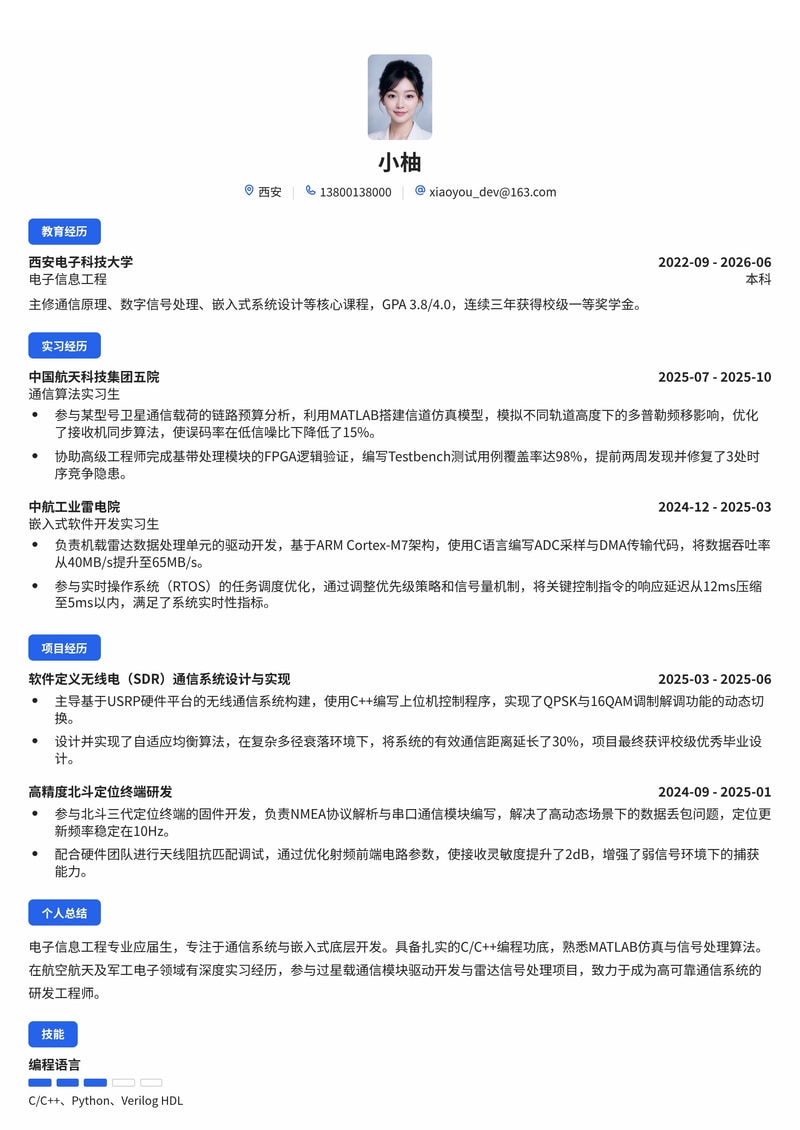 通信研发工程师简历模板(军工/航空航天/电子半导体校招)简历模板预览