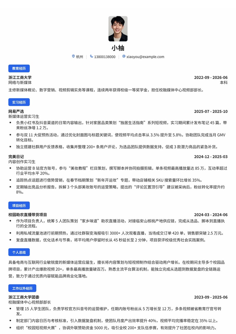 新媒体运营简历模板(电商/互联网/消费品校招)简历模板预览