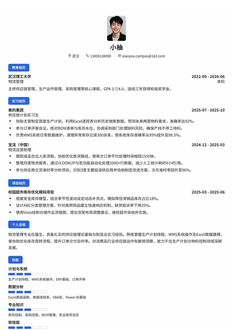 供应链计划专员校招简历模板(物流/制造/消费品)简历模板预览