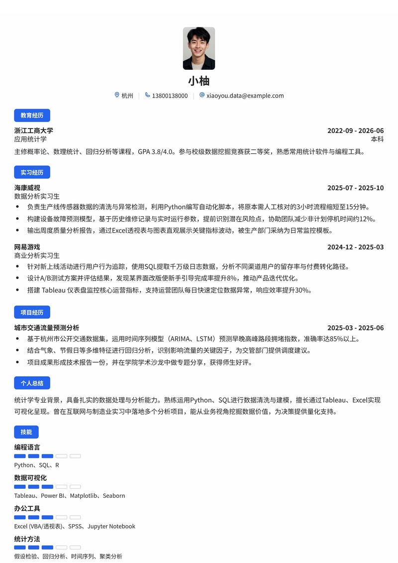 数据分析师校招简历模板（互联网/IT/制造业/测绘）简历模板预览