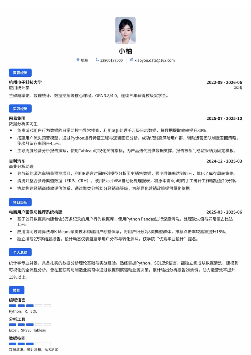 数据分析师校招简历模板（互联网/IT/制造业）简历模板预览