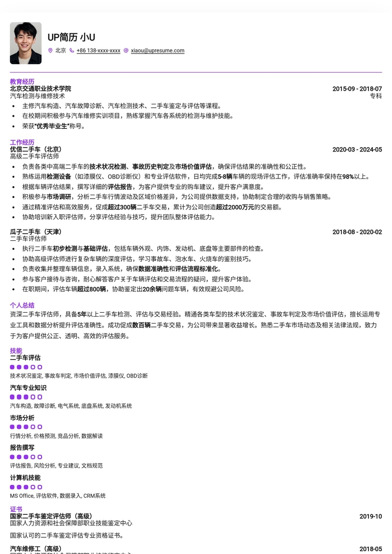 专业二手车评估师简历模板:助您精准定级,驰骋职场!