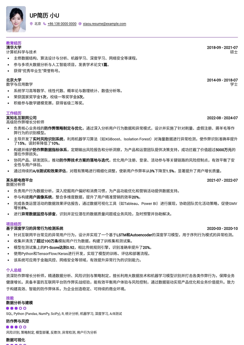 防作弊增长分析师专业简历模板:数据驱动,洞察风险,助力业务增长简历模板预览