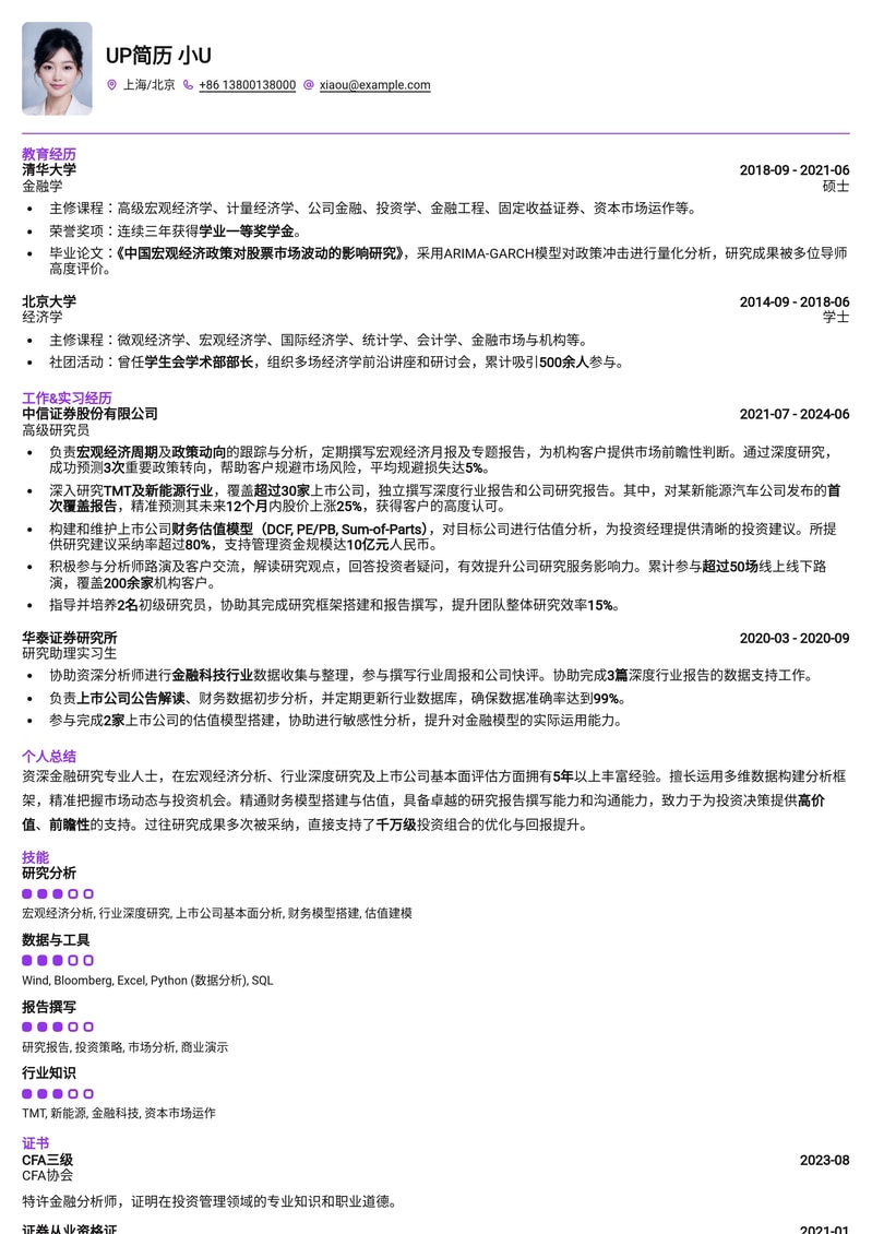 金融研究部研究员/分析师专业简历模板：深度解析与投资洞察