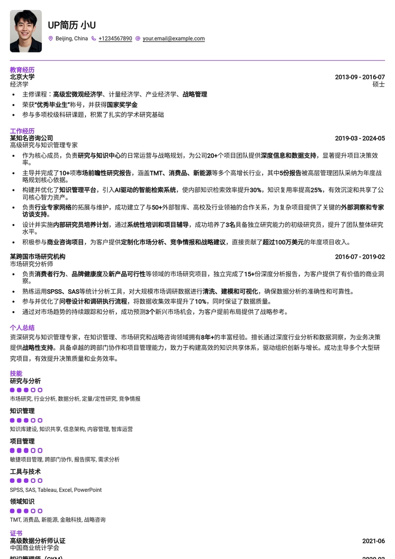 智库型研究与知识中心专家简历模板：深度洞察，数据驱动