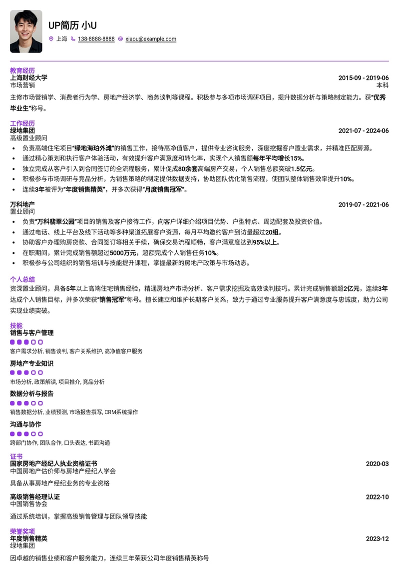 业绩导向型置业顾问简历模板:助您销售业绩再创新高简历模板预览