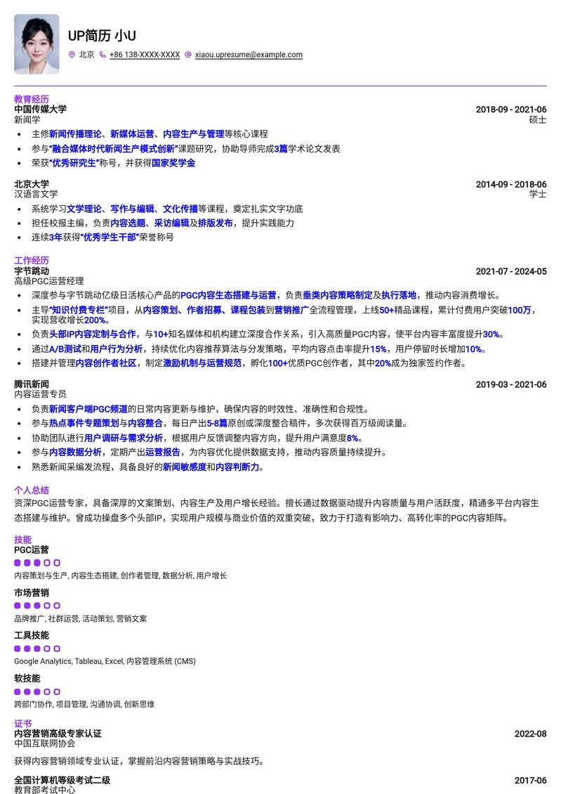 专业PGC运营简历模板：助你脱颖而出，打造爆款内容！简历模板预览
