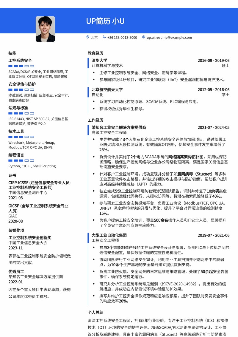 工控系统安全工程师(ICS/OT Security Eng.)简历模板：工业控制网络安全实战案例简历模板预览