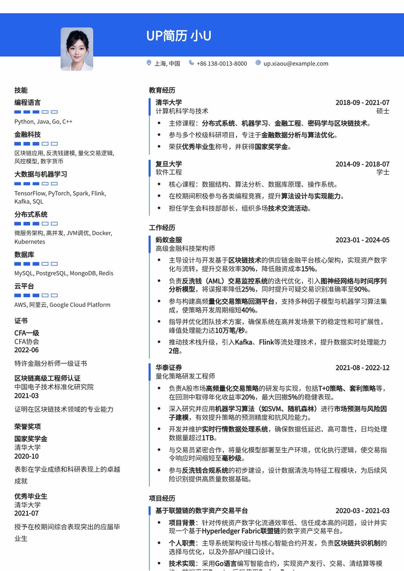金融科技（FinTech）专家简历模板：区块链、反洗钱与量化交易逻辑简历模板预览