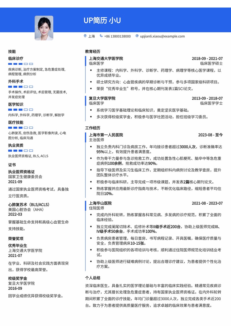 临床医生专业简历模板:突出执业资格与核心诊疗数据,助您脱颖而出简历模板预览