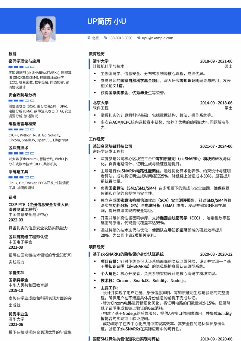 密码学研发工程师(Cryptography Eng.)简历模板：零知识证明(zk-SNARKs)电路性能调优与国密算法(SM2/SM3/SM4)抗侧信道攻击安全测评报告简历模板预览