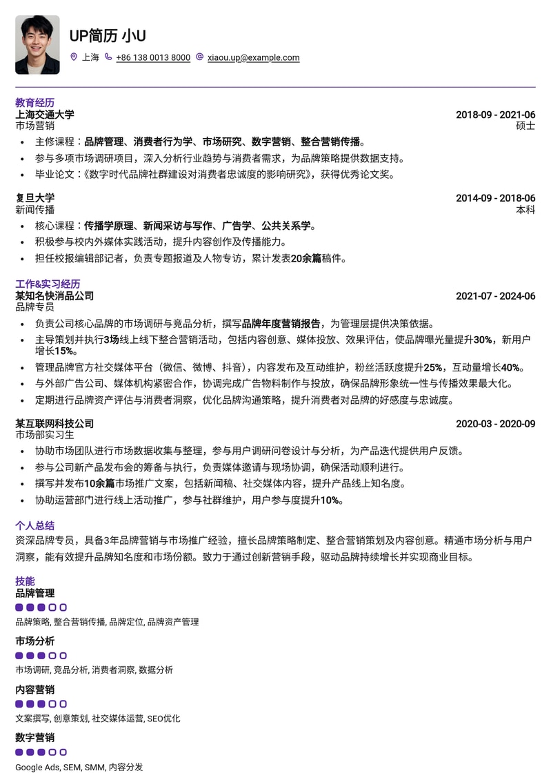 打造专业品牌形象：品牌专员高阶简历模板简历模板预览