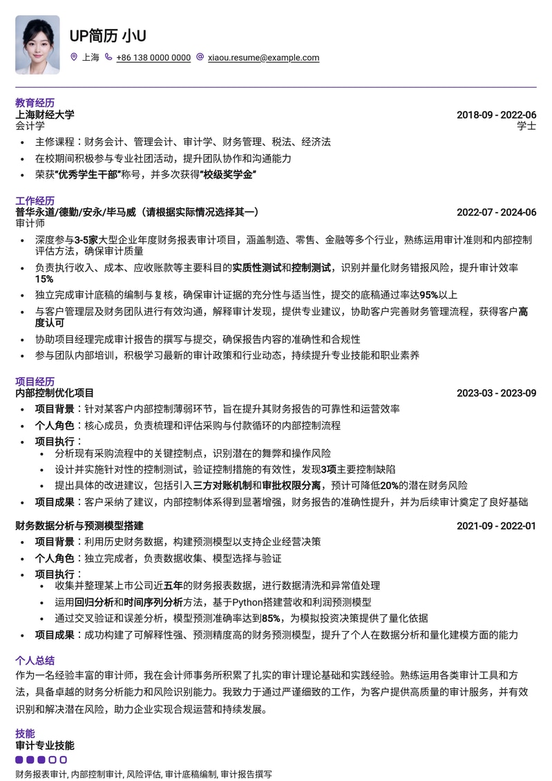 审计精英之选:四大会计师事务所审计师专业简历模板