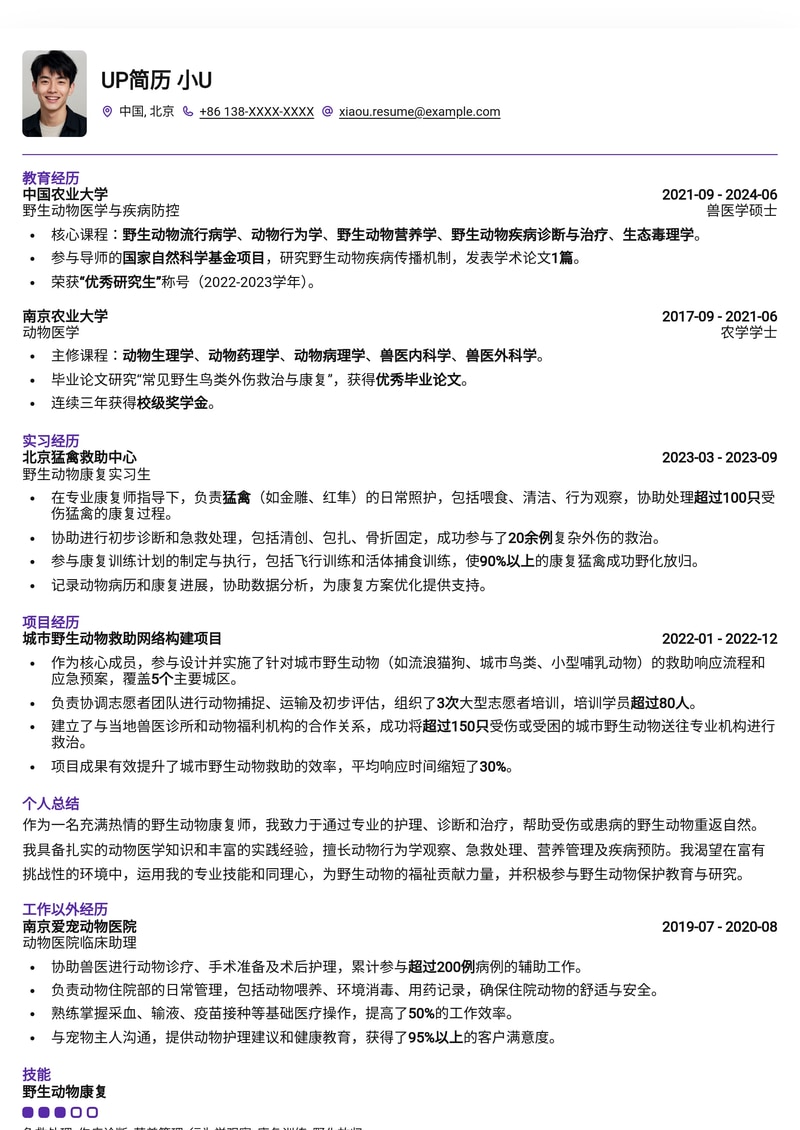 专业野生动物康复师简历模板：助力你的动物保护事业简历模板预览