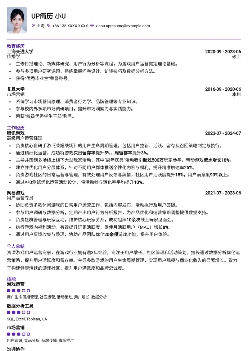 游戏用户运营精英简历模板：深度玩家洞察，助力游戏增长简历模板预览