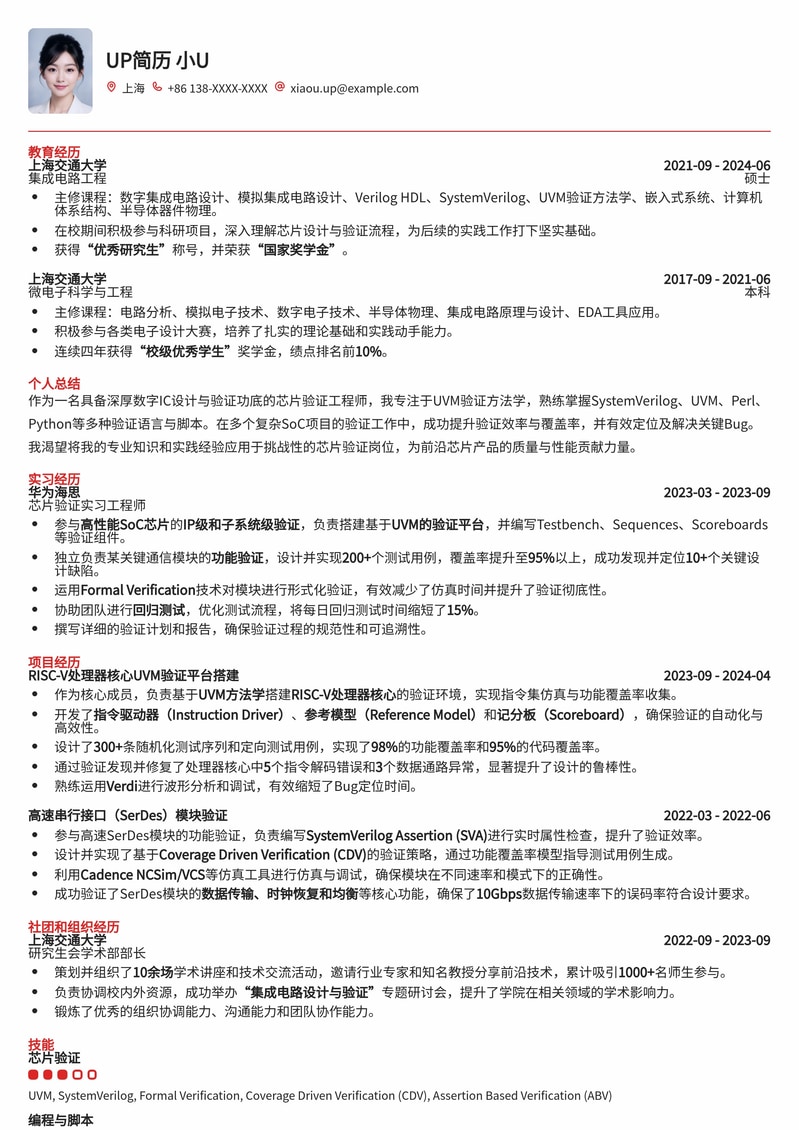 211高校芯片验证工程师简历模板：助您锁定高薪Offer简历模板预览