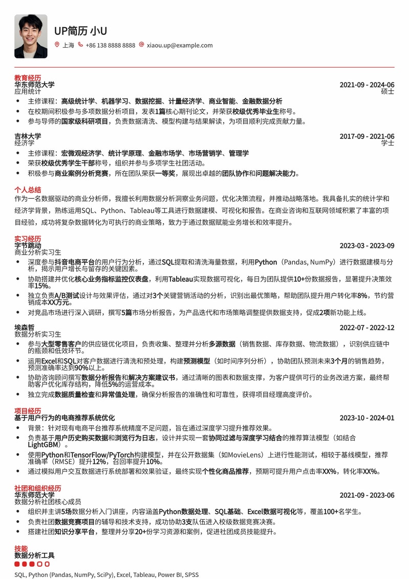 985热门-商业分析师(BA)高分简历模板简历模板预览