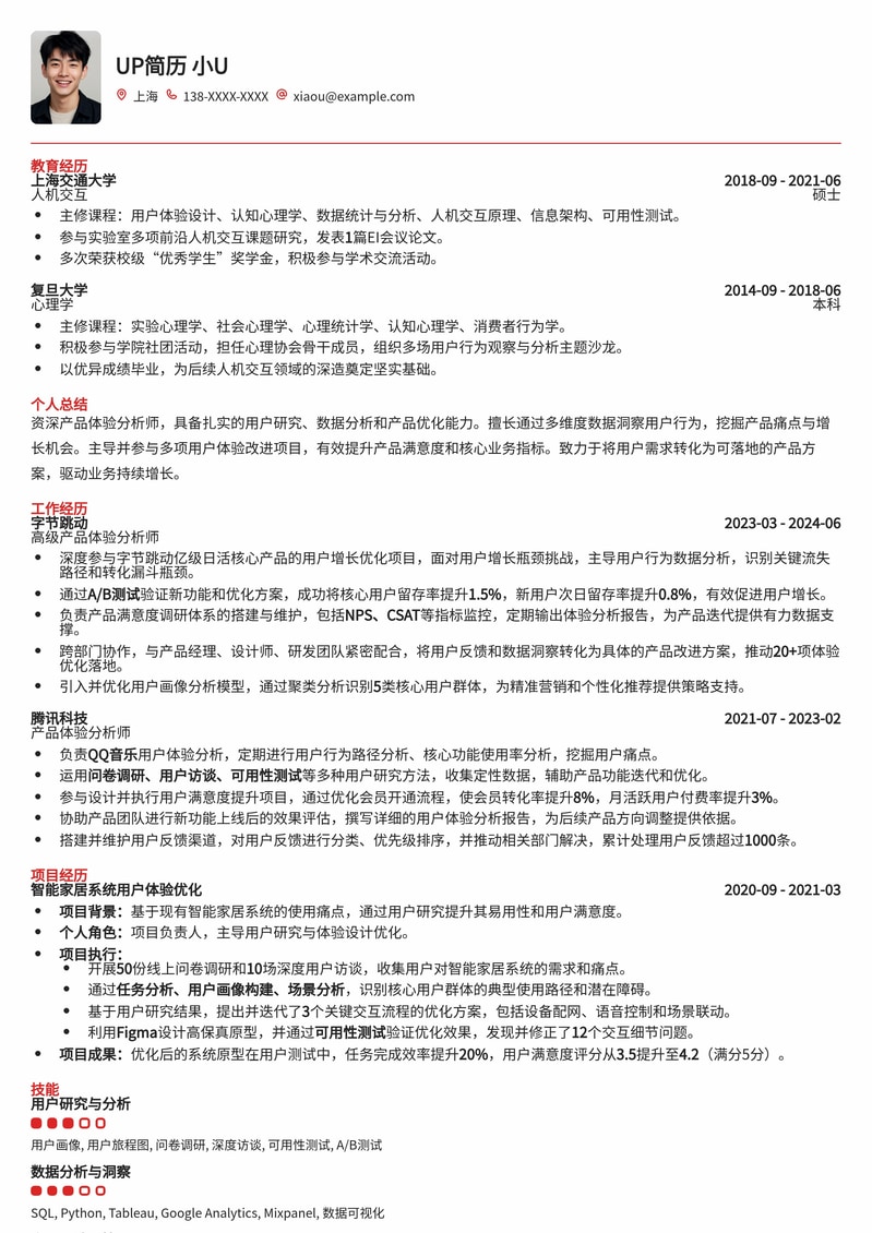 产品体验分析师简历模板：洞察用户，优化产品简历模板预览