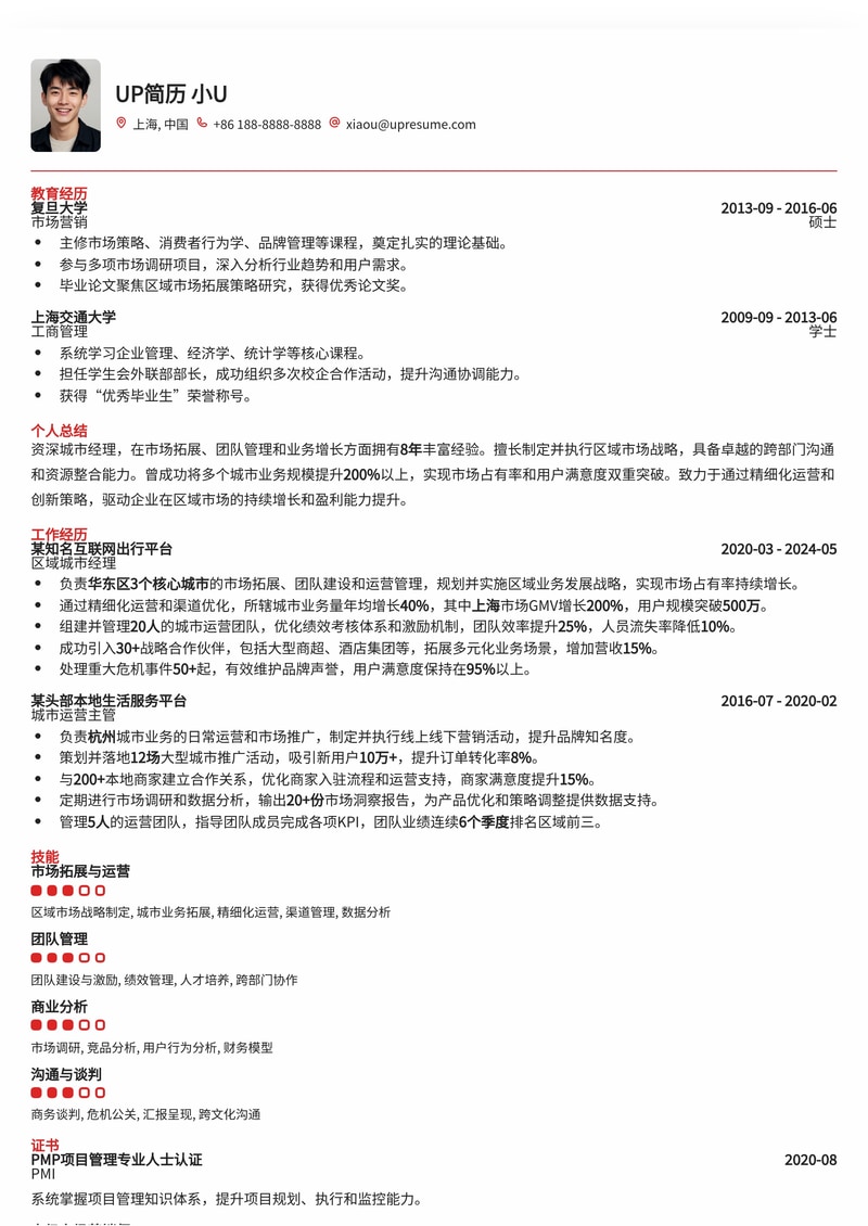 城市经理精英简历模板：高效管理，卓越运营，助您职场晋升简历模板预览